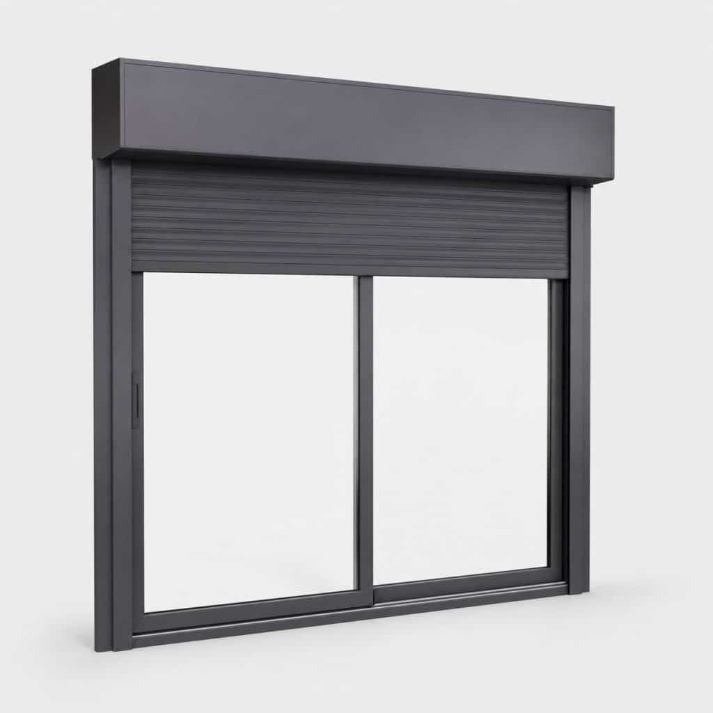 Baie vitrée coulissante aluminium avec volet roulant solaire intégré vue de face