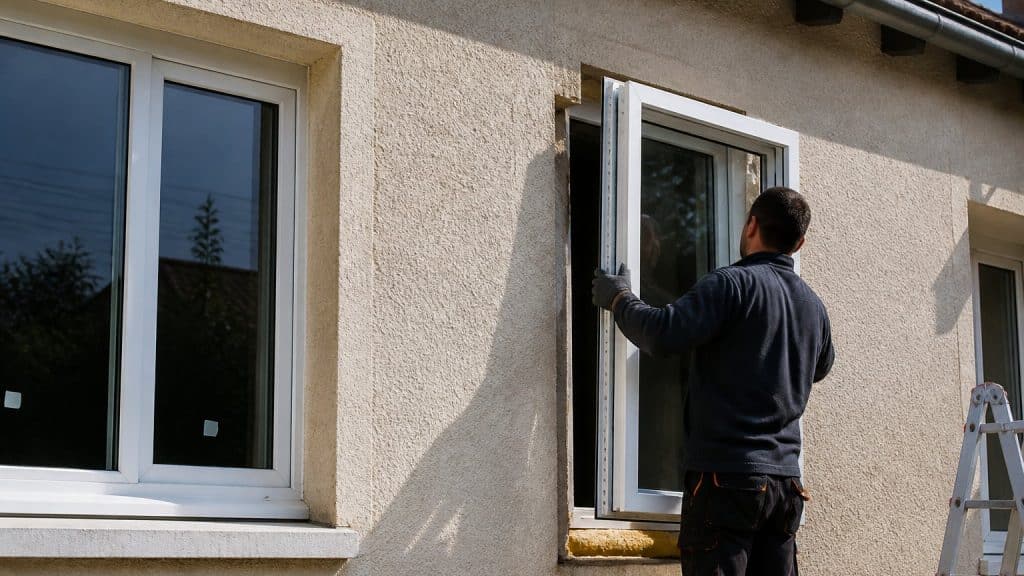 Installation d'une fenêtre PVC à double vitrage sur une façade de maison