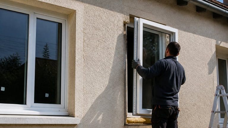 Installation d'une fenêtre PVC à double vitrage sur une façade de maison