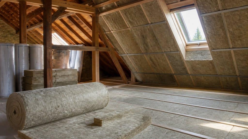 Pose de laine de roche en isolation de combles dans une maison française