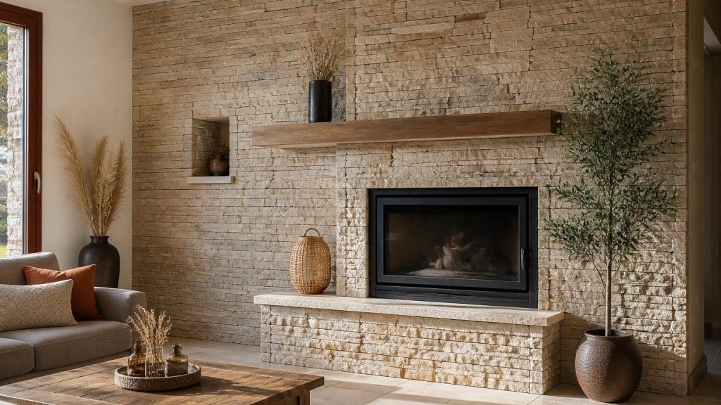 Mur intérieur habillé de pierre de parement naturelle autour d'une cheminée