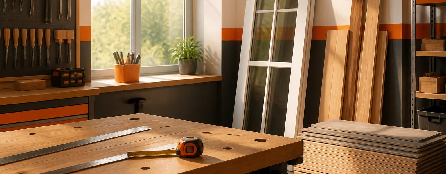 Atelier de bricolage avec outils, fenetre PVC, planches de bois et revetement de sol