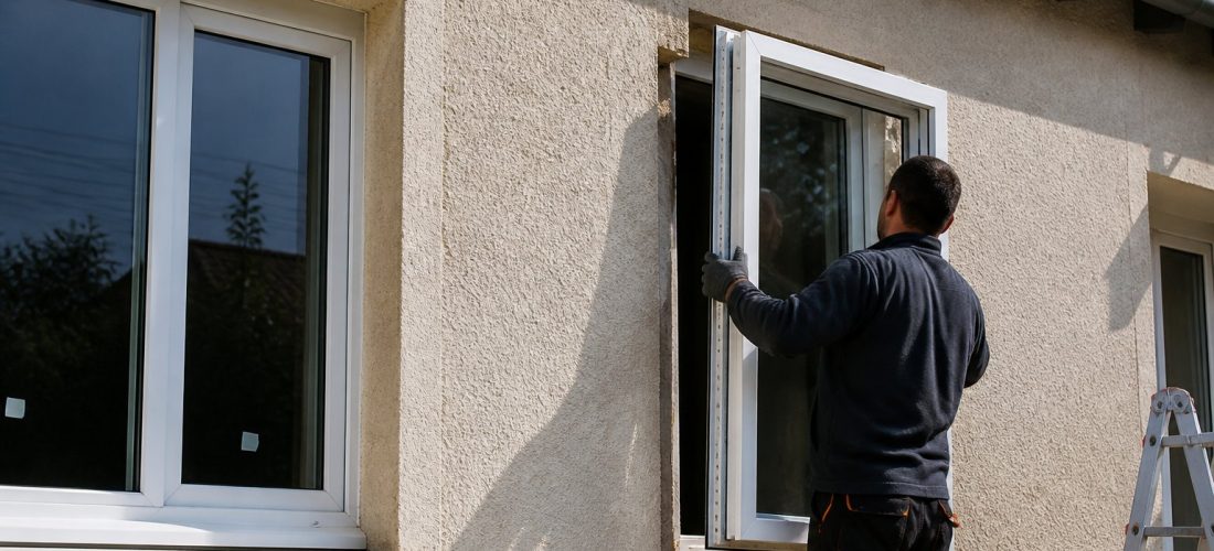 Installation d'une fenêtre PVC à double vitrage sur une façade de maison