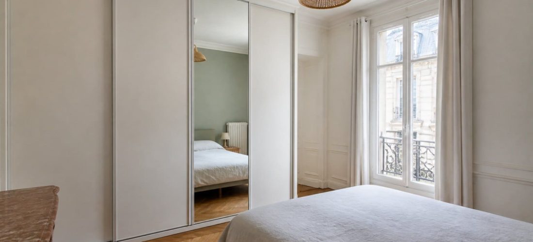 Placard avec porte coulissante dans une chambre lumineuse, illustrant le choix entre porte coulissante, battante et pliante