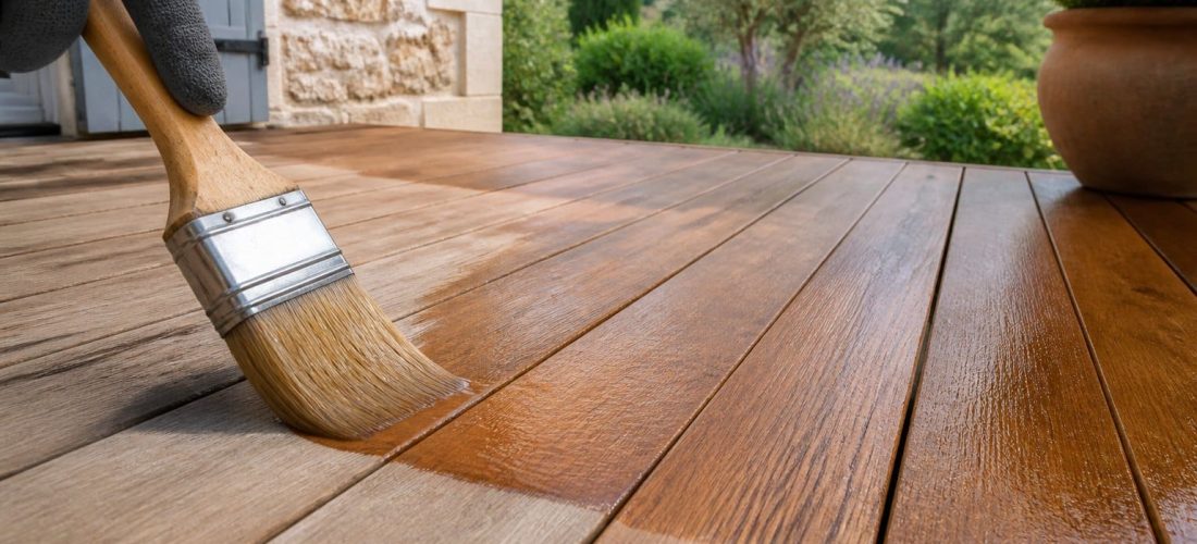 Application d'un saturateur au pinceau sur les lames d'une terrasse en bois extérieur